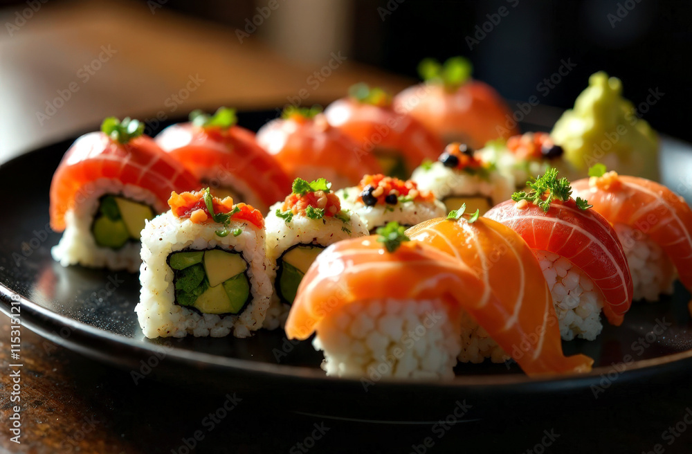 Assorted sushi platter with salmon nigiri and avocado rolls Assorted sushi platter with salmon nigiri and avocado rolls