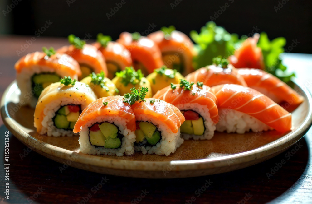 Assorted sushi platter with salmon sashimi and fresh garnishes Assorted sushi platter with salmon sashimi and fresh garnishes
