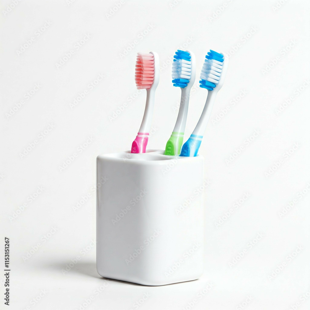 three colorful toothbrushes in a white holder on a white background three colorful toothbrushes in a white holder on a white background