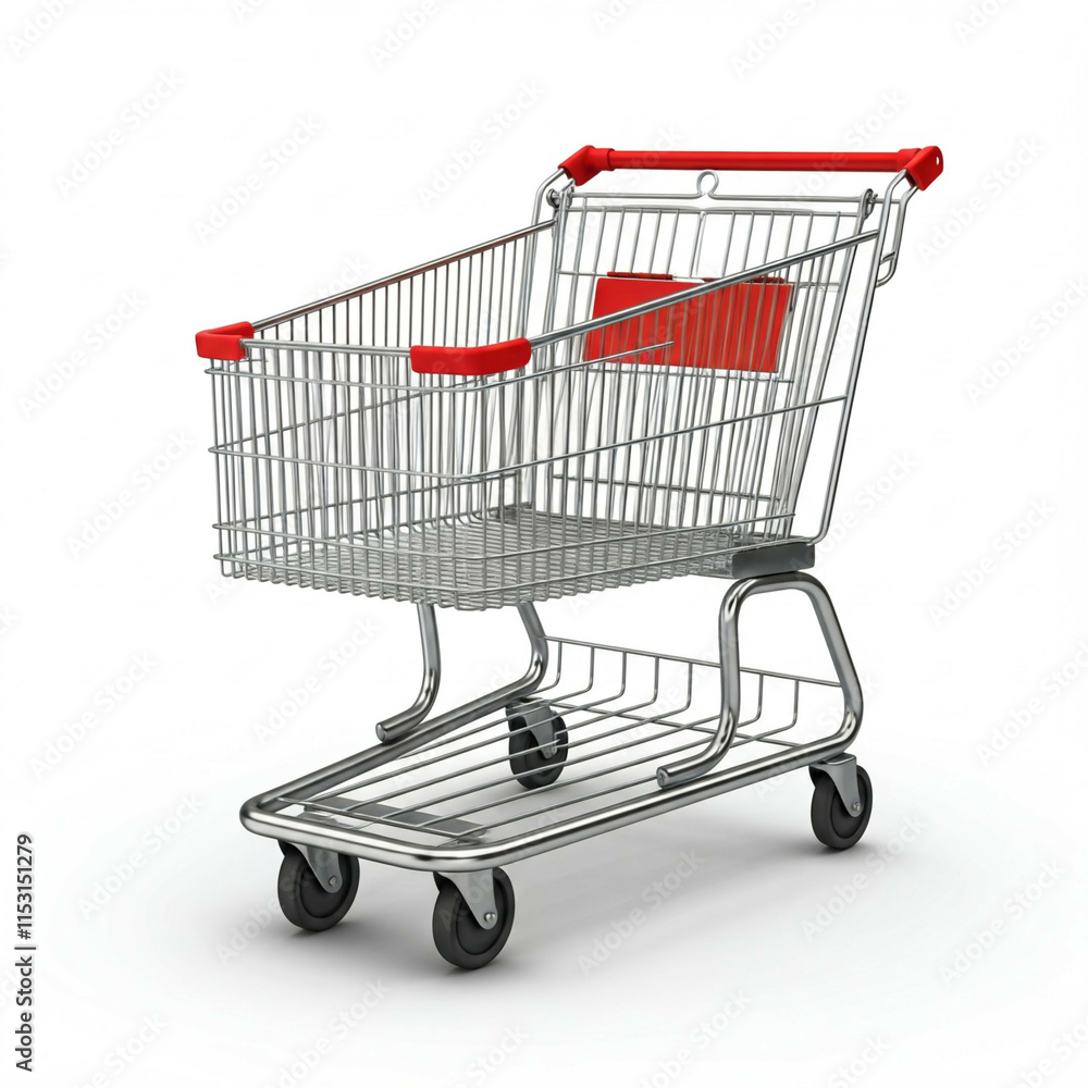 empty red handle chrome shopping cart on white background 3d illustration empty red handle chrome shopping cart on white background 3d illustration