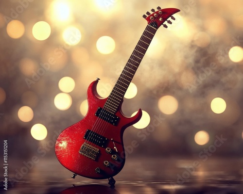 A vibrant red electric guitar stands against a sparkling bokeh background, embodying passion and creativity.