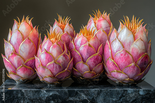 A pitaya sculpted from marble, with golden veins running through its spiky and colorful skin, photo