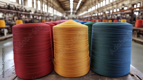 Colorful yarn cones in textile factory.