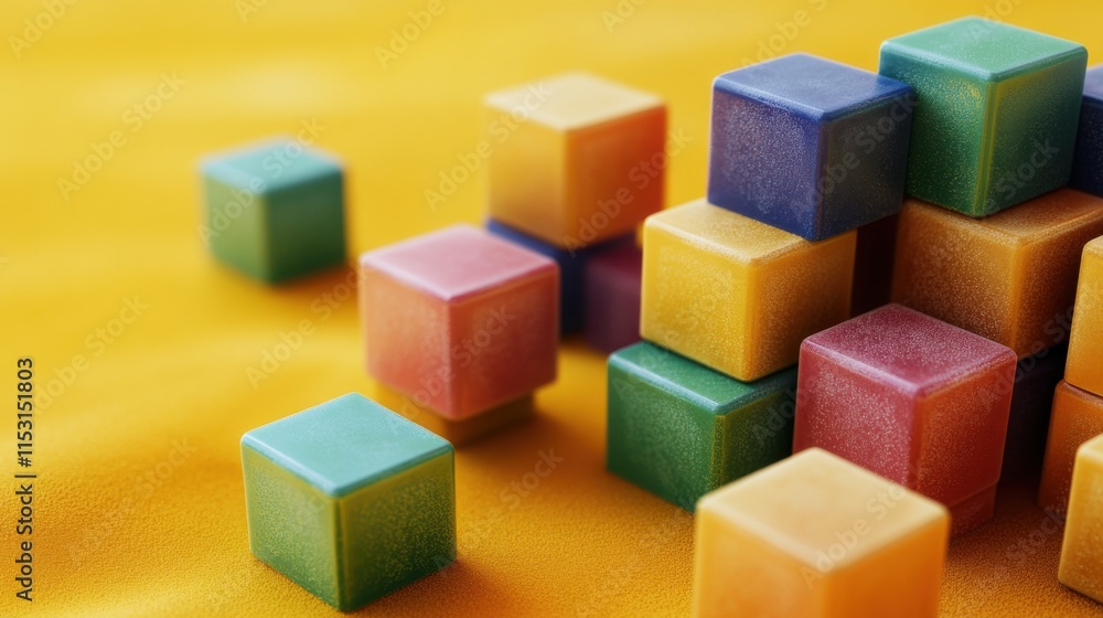 Colorful translucent blocks arranged playfully on a vibrant yellow background, creating a cheerful mood. Colorful translucent blocks arranged playfully on a vibrant yellow background, creating a cheerful mood.