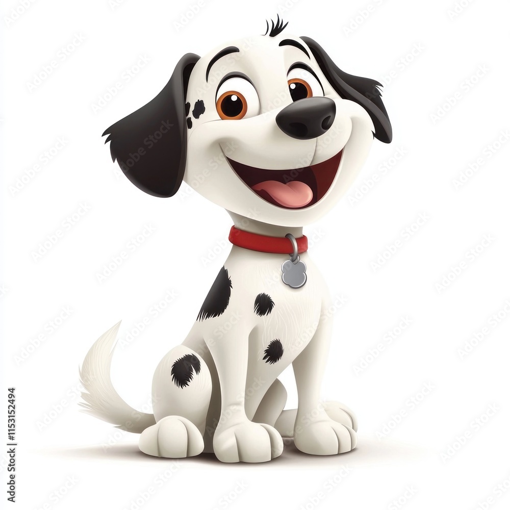 Fototapeta premium Cute Cartoon Dog Character with Playful Expression and Black Spots on White Fur, Ideal for Children's Media, Illustrations, and Creative Art Projects