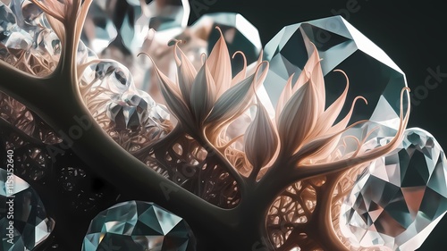 delicate floral forms intertwine with geometric crystalline structures creating an elegant surreal abstract composition