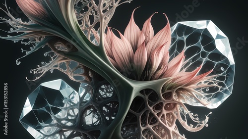 delicate floral forms intertwine with geometric crystalline structures creating an elegant surreal abstract composition