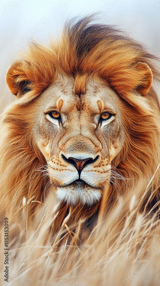 Fototapeta premium A majestic lion gazes intensely amidst tall golden grass.