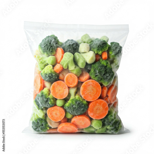 frozen mixed vegetables in plastic bag on white background
