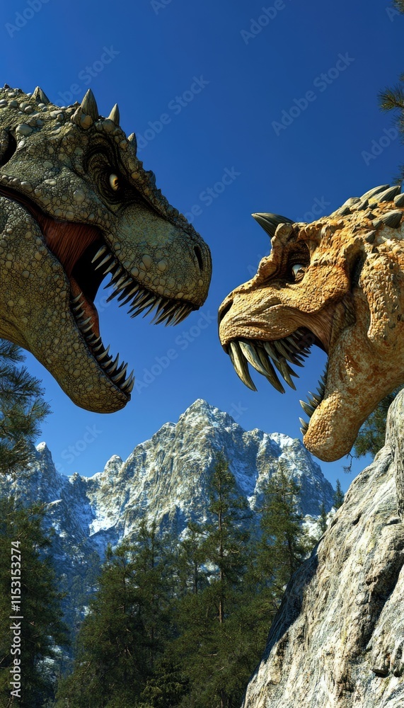 Two dinosaurs facing each other against a mountainous backdrop. Two dinosaurs facing each other against a mountainous backdrop.