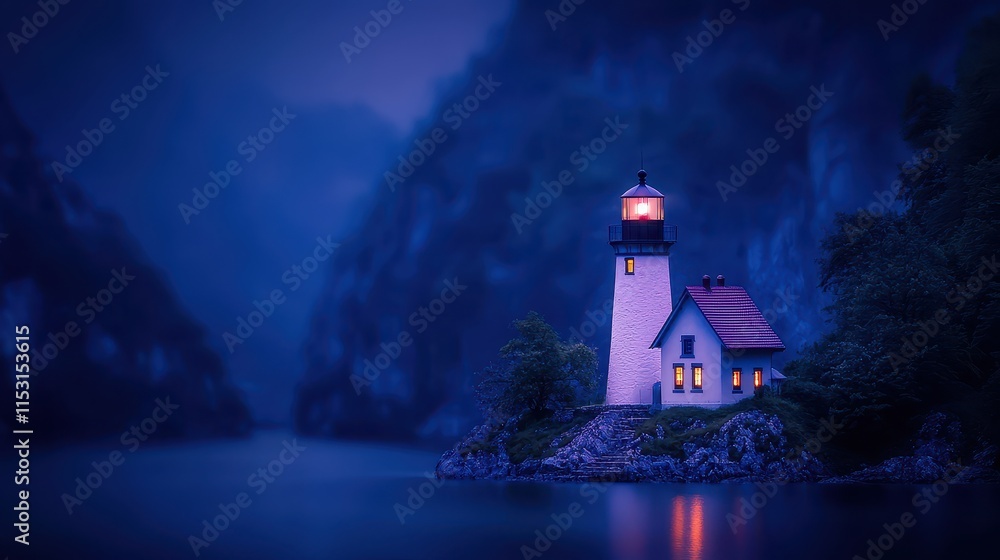Serene Lighthouse Illuminated at Dusk in a Tranquil Mountain Setting Serene Lighthouse Illuminated at Dusk in a Tranquil Mountain Setting