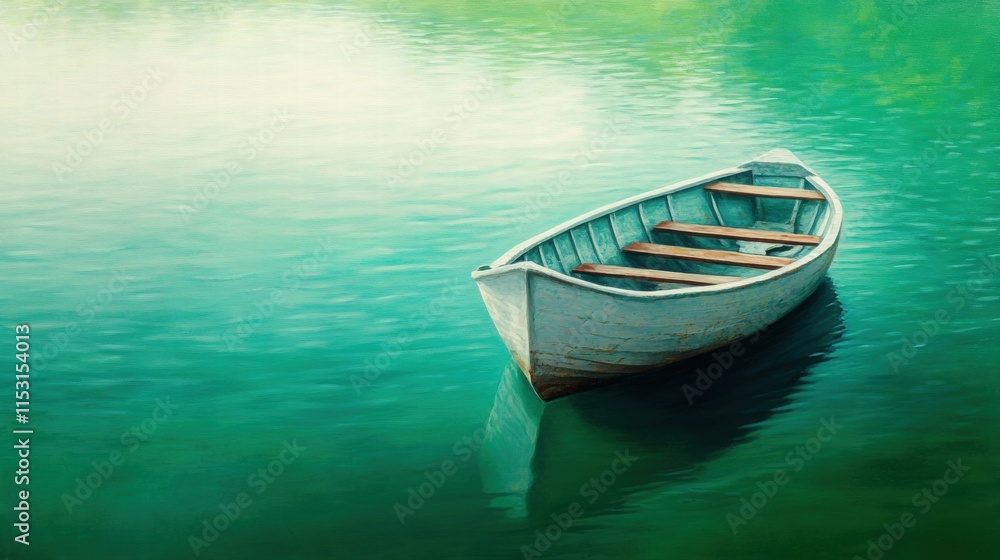 Naklejka premium Serene Wooden Boat Floating Gently on Tranquil Green Water Surface
