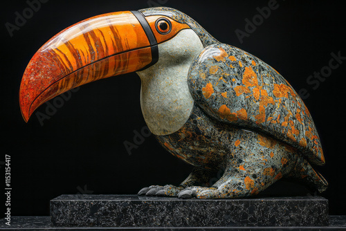 A toucan sculpted from marble, with golden veins accentuating its large, colorful beak, photo