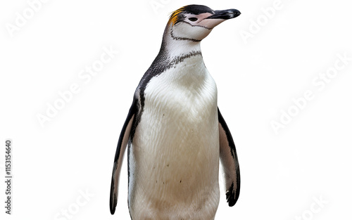 A penguin standing upright with a white body, black wings, and yellow markings on its head and neck, featuring a pointed black beak and forward-focused eyes, set against a plain white background.