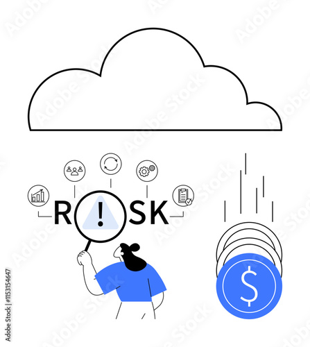 Person examining the word RISK with a magnifying glass beneath cloud symbol and business icons. Ideal for financial analysis, investment planning, business strategy, data analytics, risk assessment photo