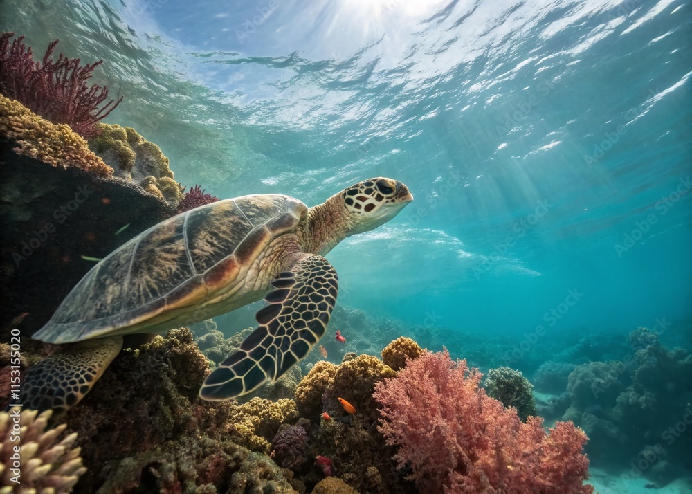 Obraz premium Hawksbill Sea Turtle Grazing Coral Reef - Vertical Double Exposure Stock Photo