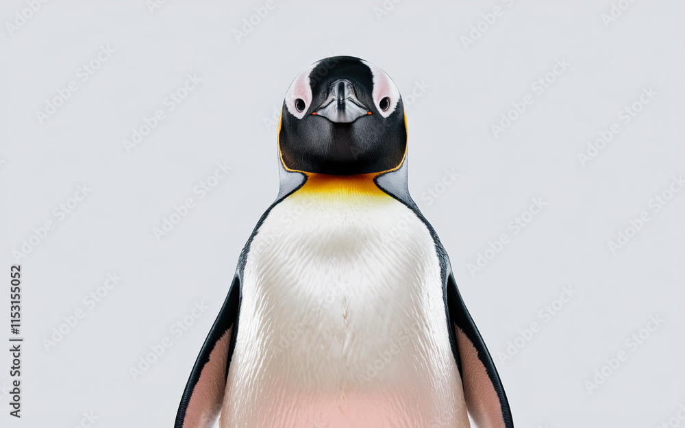 Naklejka premium A penguin standing upright with a white body, black wings, and yellow markings on its head and neck, featuring a pointed black beak and forward-focused eyes, set against a plain white background.
