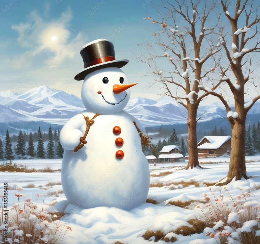 Obraz premium Illustration of snowman with winter landscape.