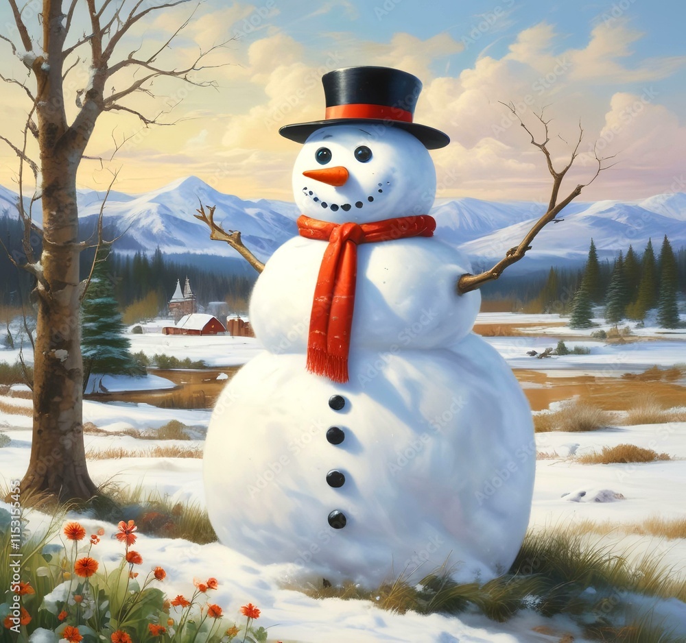 Obraz premium Illustration of snowman with winter landscape.