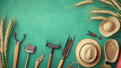 Flat-Lay Design for National Farmer's Day with Tools, Wheat Stalks, and Text on Green Background photo