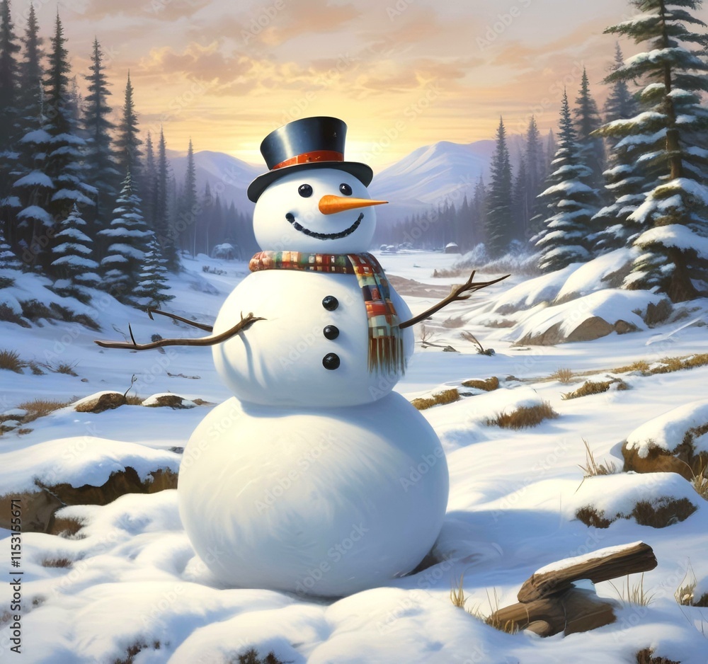Obraz premium Illustration of snowman with winter landscape.
