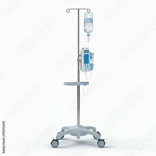 medical iv drip stand with bag and pump on white background  in a hospital room