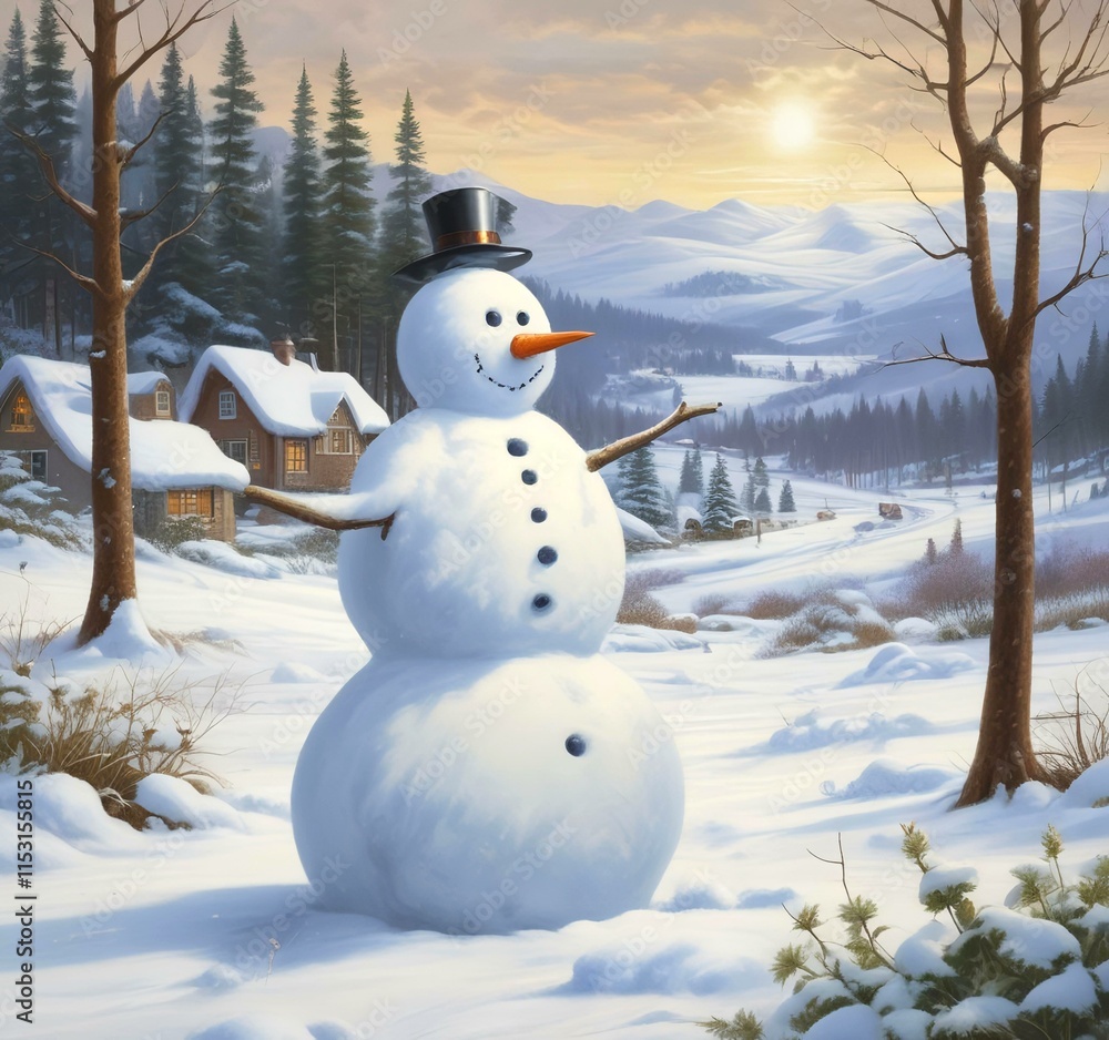 Obraz premium Illustration of snowman with winter landscape.