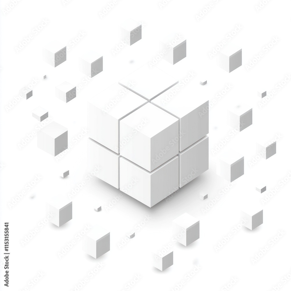Abstract 3D cube composed of smaller cubes, exploding outwards. Abstract 3D cube composed of smaller cubes, exploding outwards.