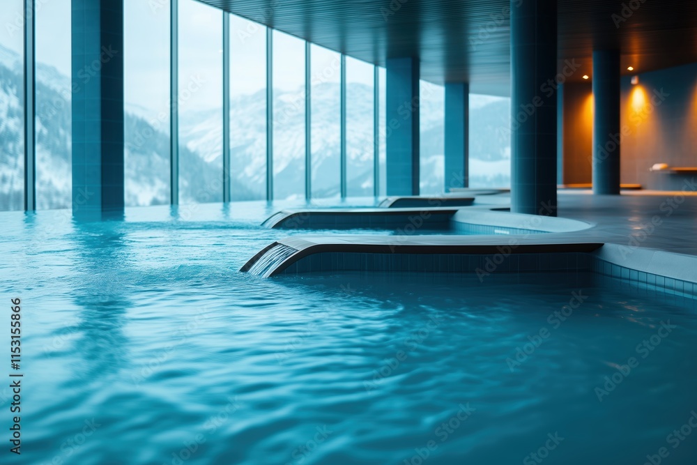 Obraz premium Serene Indoor Swimming Pool with Mountain View, Soft Lighting, and Modern Design, Inviting Tranquility and Relaxation in a Luxurious Spa Setting Amid Nature's Beauty
