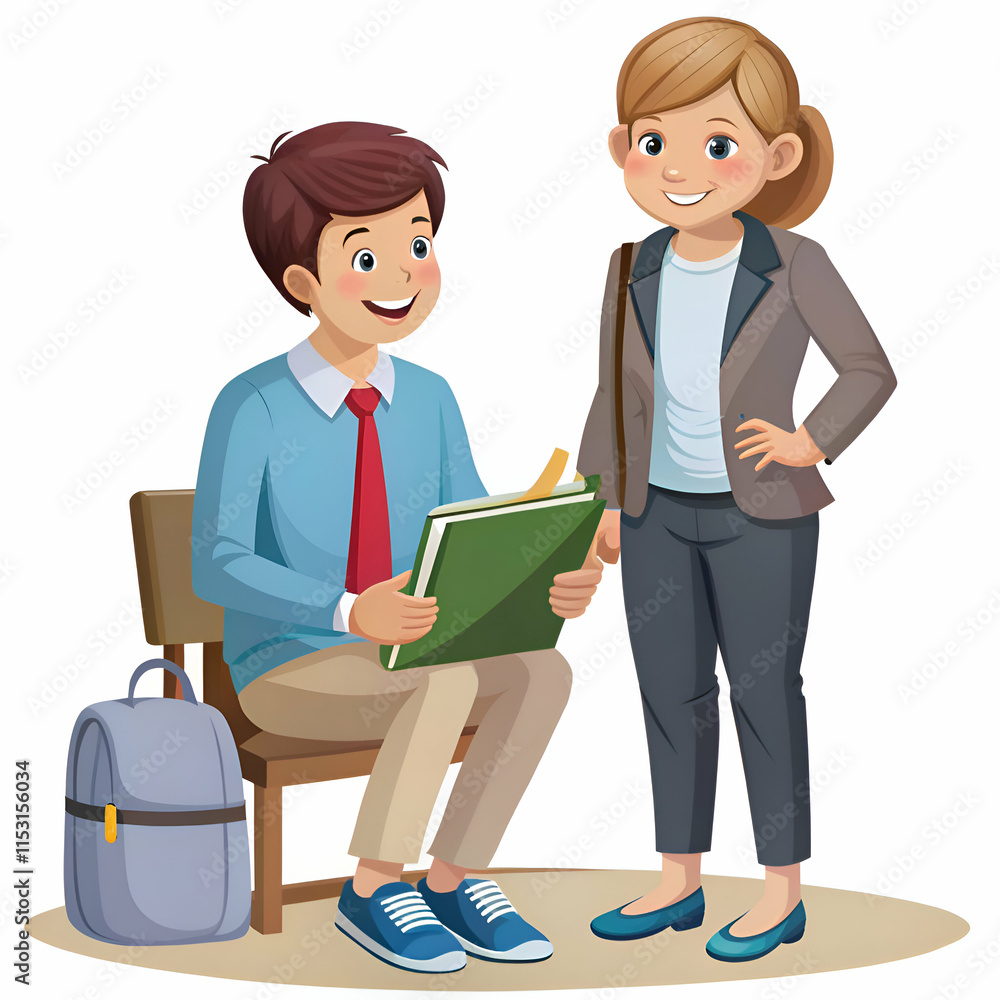 Young Man and Woman Discussing a Book in a Classroom Setting Young Man and Woman Discussing a Book in a Classroom Setting