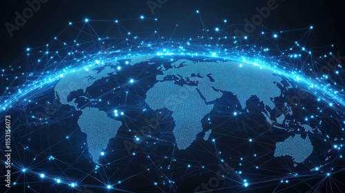 A digital world map illuminated by interconnected nodes, showcasing global connectivity and technology.