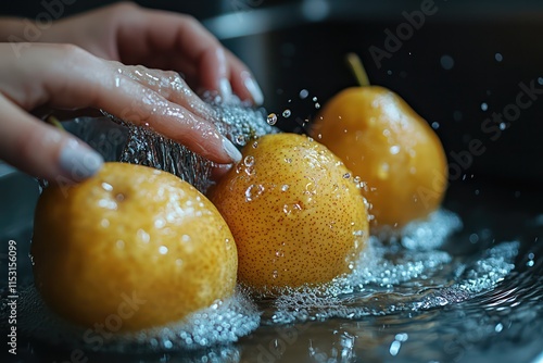 pears, woman rinsing fresh pears under running water, emphasizing clean eating, fruit hygiene, and healthy food preparation.