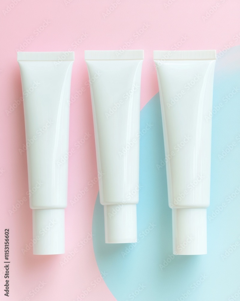 Three sleek white cosmetic tubes arranged on a pastel pink and blue background, ideal for skincare branding. Three sleek white cosmetic tubes arranged on a pastel pink and blue background, ideal for skincare branding.