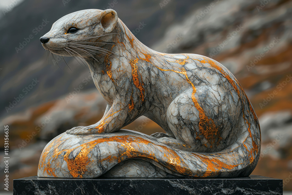 A weasel sculpted from marble, with golden veins tracing its sleek body and sharp features, A weasel sculpted from marble, with golden veins tracing its sleek body and sharp features,