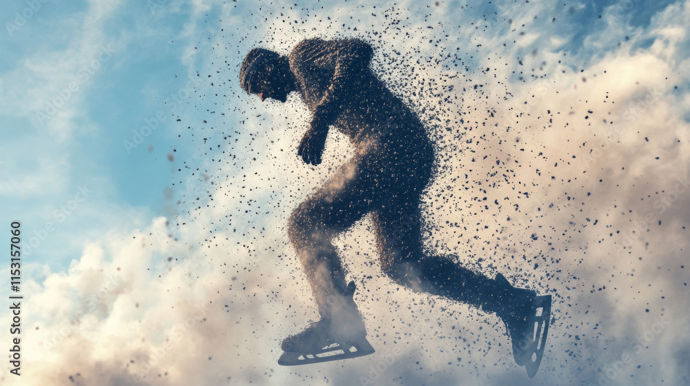 Hockey player of the particles. Silhouette of a hockey player consists of small balls and scatters in the wind. Vector image Hockey player of the particles. Silhouette of a hockey player consists of small balls and scatters in the wind. Vector image