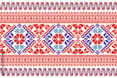 Floral traditional Ukrainian cross-stitch Embroidery pixel Geometric ethnic pattern. Romanian, Vyshyvanka, Slavic ornament style.Detailed Vector for border,neckline embroidery,neckline design,textile