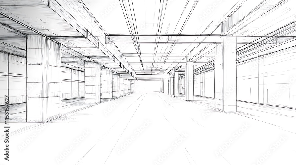 Cleanly Rendered Architectural Sketch: Modern Interior Perspective. AI Generated Cleanly Rendered Architectural Sketch: Modern Interior Perspective. AI Generated