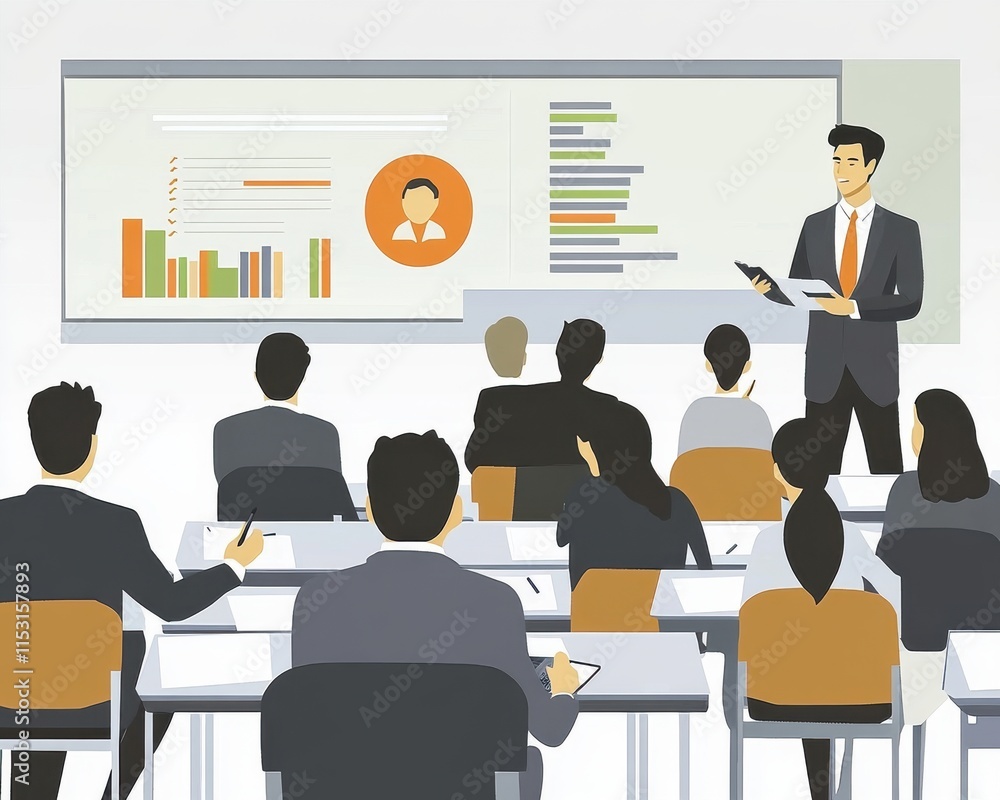 A male presenter in a suit addresses a diverse group of students in a modern classroom setting. A male presenter in a suit addresses a diverse group of students in a modern classroom setting.