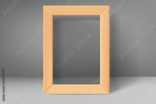 Blank wood frame with in grey interior. 3d vector mockup