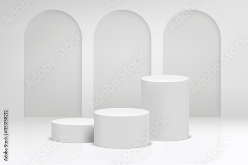 Bright studio with arc and podium. 3d vector background for product design