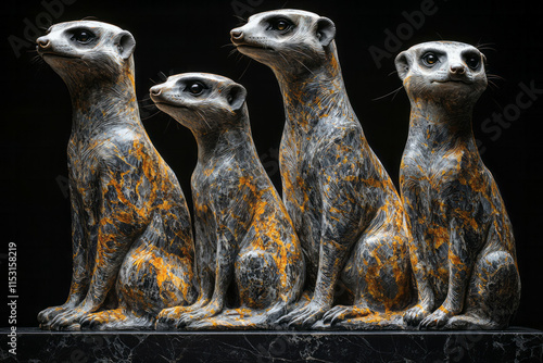 A meerkat family sculpted from marble, with veins of gold highlighting their watchful postures, photo