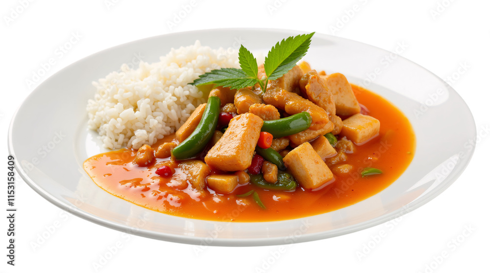 Red Thai Curry with Vegetables and Rice on White Plate Isolated on Transparent Background (PNG). Red Thai Curry with Vegetables and Rice on White Plate Isolated on Transparent Background (PNG).
