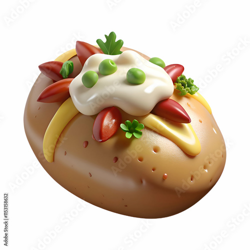 Baked Potato with Chili. Sour Cream. and Peas. Delicious 3D Food Illustration