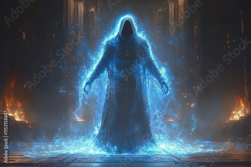 A mysterious figure enveloped in glowing blue energy stands in a dark, ethereal setting, creating an aura of magic and intrigue. photo