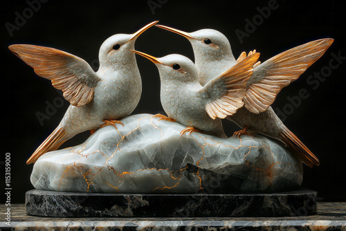 A hummingbird family sculpted from marble, with golden veins highlighting their outstretched wings and vibrant forms, photo