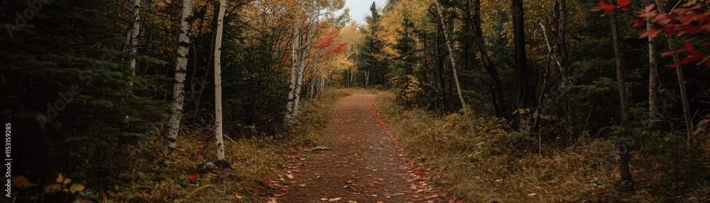 A serene forest path lined with autumn foliage, inviting exploration and tranquility. A serene forest path lined with autumn foliage, inviting exploration and tranquility.