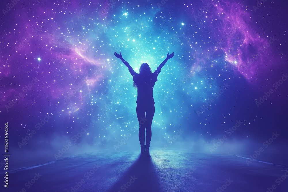 Fototapeta premium A silhouette of a woman stands against a vibrant cosmic backdrop, with her arms raised, embracing the universe in a moment of wonder.