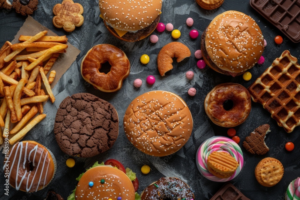 Assortment of Junk Food on Black Background Assortment of Junk Food on Black Background