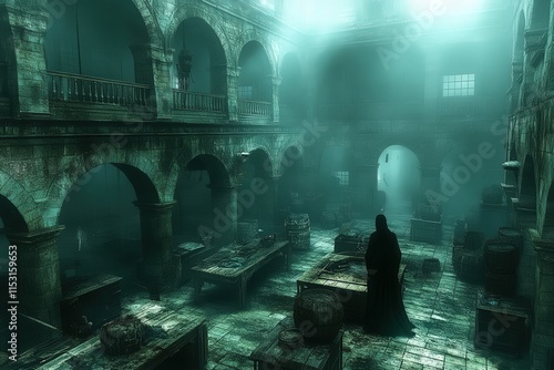 A mysterious figure in dark clothing stands in a dilapidated warehouse, shrouded in ethereal mist and shadows. photo