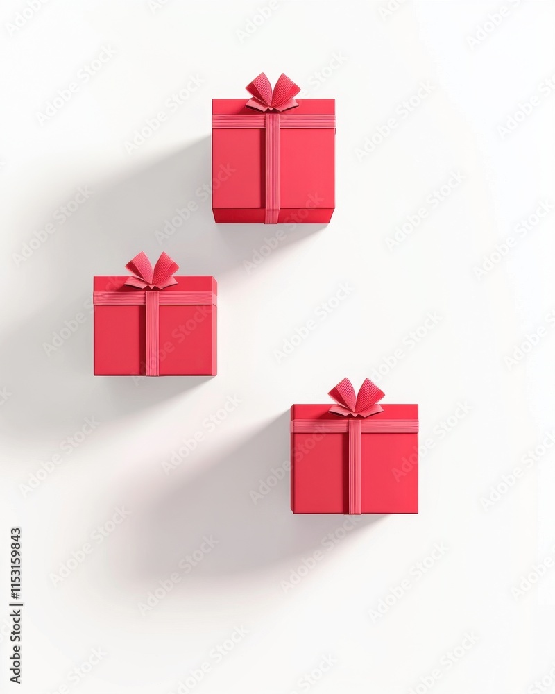 Three vibrant red gift boxes with ribbons, arranged playfully against a soft white background. Three vibrant red gift boxes with ribbons, arranged playfully against a soft white background.